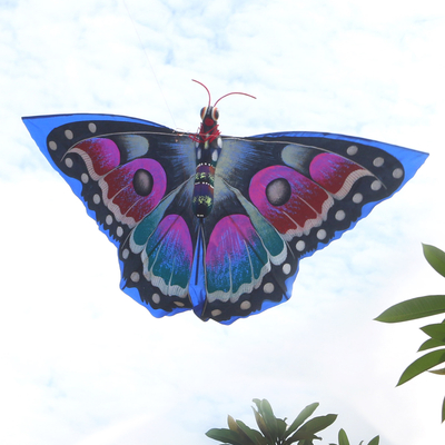 cometa de nailon - Cometa mariposa balinesa azul nailon pintada a mano