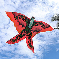 Nylon kite, 'Flying Frog' - Hand Painted Nylon Red Balinese Flying Frog Kite