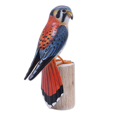Wood sculpture, 'American Kestrel' - Realistic Wood Bird Sculpture