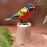 Wood sculpture, 'Painted Bunting' - Handcrafted Bird Sculpture from Java