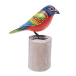 Wood sculpture, 'Painted Bunting' - Handcrafted Bird Sculpture from Java