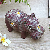 Wood figurine, 'Chubby Hippopotamus' - Hippo Wood Figurine Hand-carved & Hand-painted in Indonesia