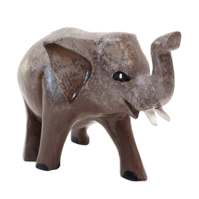 Wood figurine, 'Smart Elephant' - Indonesian Hand-carved & Hand-painted Elephant Wood Figurine