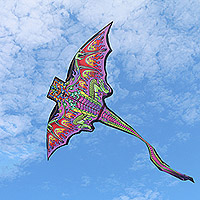 Nylon kite, 'King of the Dragons' - Hand Painted Purple and Green Nylon Balinese Dragon Kite