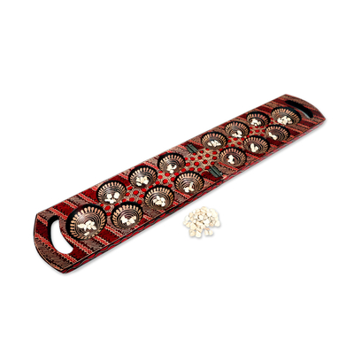 Batik wood mancala game, 'Red Clever Leisure' - Red Batik Wood Mancala Board Game Handcrafted in Java