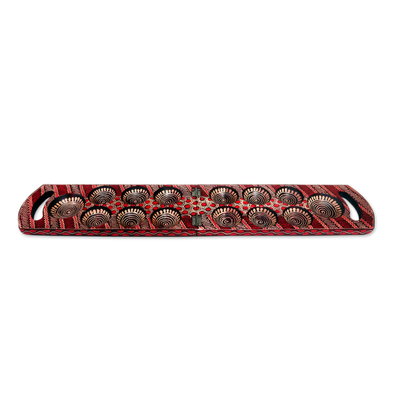 Batik wood mancala game, 'Red Clever Leisure' - Red Batik Wood Mancala Board Game Handcrafted in Java