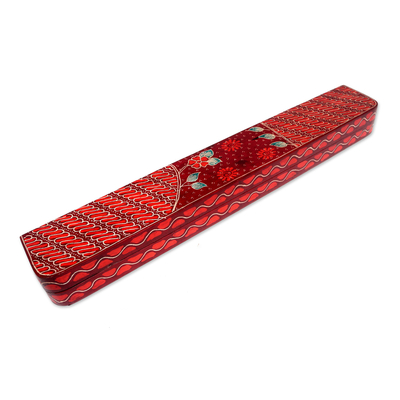 Batik wood mancala game, 'Cunning Red Flowers' - Batik Wood Mancala Game Handcrafted with Red Tones