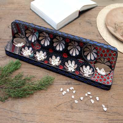 Batik wood mancala game, 'Cunning Multicolor Flowers' - Batik Wood Mancala Board Game Handcrafted