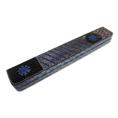 Wood batik mancala board game, 'Fun Parang Blue' - Hand-painted Wood Batik Mancala Board Game from Indonesia
