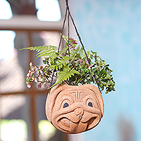 Coconut shell hanging planter, 'Playful Puppy' - Hand Carved Coconut Shell Puppy Hanging Planter
