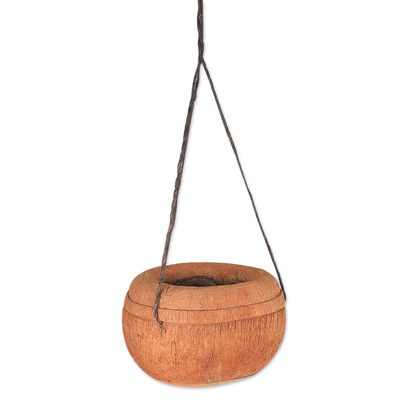 Coconut shell hanging planter, 'Garden Spirit' - Balinese Handmade Natural Coconut Shell Hanging Planter