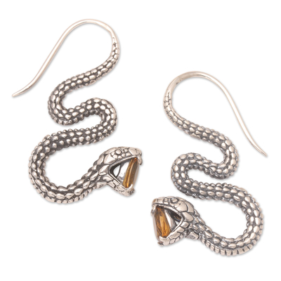 Citrine drop earrings, 'Striking Snake in Yellow' - Sterling Silver Snake Drop Earrings with Citrine Stones