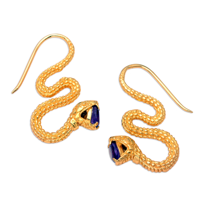 Gold-plated amethyst drop earrings, 'Purple Striking Snake' - 18k Gold-Plated Snake Drop Earrings with Faceted Amethyst