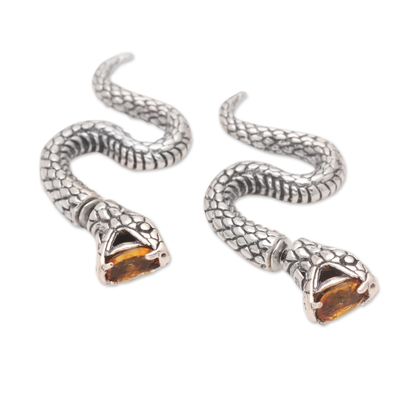 Citrine drop earrings, 'Snake Attack in Yellow' - Sterling Silver Snake Drop Earrings with Citrine Stones