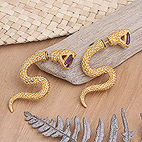 Pendientes colgantes de amatista chapados en oro, 'Purple Snake Attack' - Pendientes colgantes de serpiente chapados en oro de 18 k con piedras de amatista