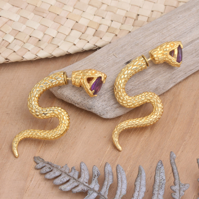Pendientes colgantes de amatista bañados en oro - Aretes colgantes de serpiente chapados en oro de 18 k con piedras de amatista