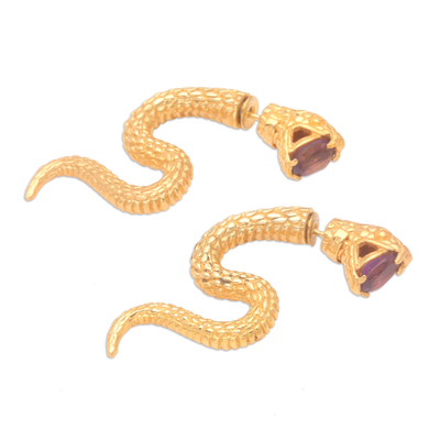 Gold-plated amethyst drop earrings, 'Purple Snake Attack' - 18k Gold-Plated Snake Drop Earrings with Amethyst Stones
