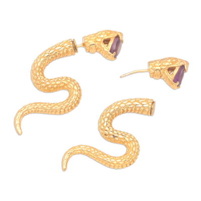 Pendientes colgantes de amatista bañados en oro - Aretes colgantes de serpiente chapados en oro de 18 k con piedras de amatista