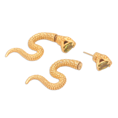 Gold-plated peridot drop earrings, 'Green Snake Attack' - 18k Gold-Plated Snake Drop Earrings with Peridot Stones