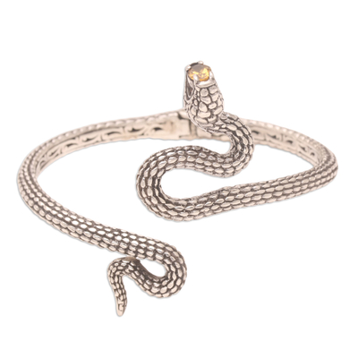 Citrine cuff bracelet, 'Snake Gem' - Sterling Silver Snake Cuff Bracelet with Faceted Citrine