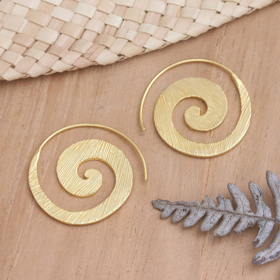 Gold-plated drop earrings, 'Spinning Line' - Balinese 18k Gold-plated Coil Drop Earrings