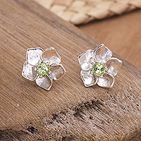 Peridot stud earrings, 'Prosperity Blooms' - Sterling Silver Stud Earrings with Natural Faceted Peridot