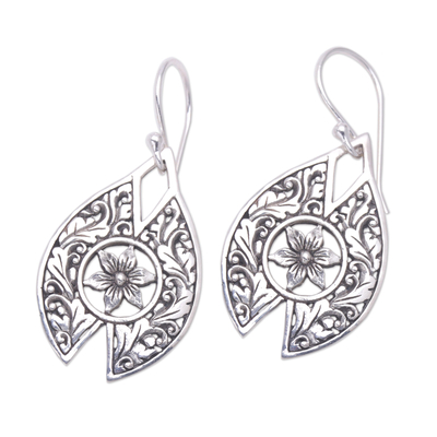 Sterling silver dangle earrings, 'Charming Shields' - Balinese Sterling Silver Dangle Earrings with Floral Motif