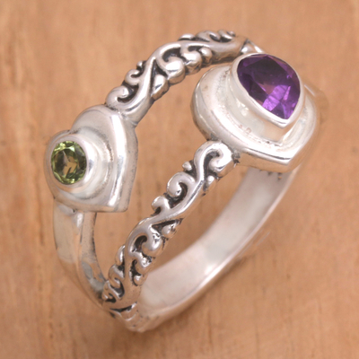 Amethyst and peridot cocktail ring, 'Heart Layers' - Amethyst Peridot and Sterling Silver Cocktail Ring
