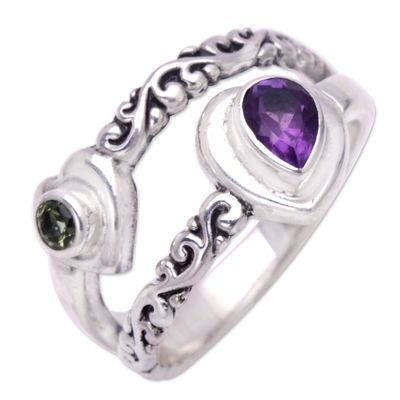 Amethyst and peridot cocktail ring, 'Heart Layers' - Amethyst Peridot and Sterling Silver Cocktail Ring