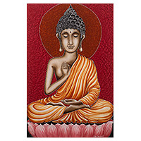 Batik cotton painting, 'Sitting Buddha' - Hand-Painted Buddha Batik Art on Cotton