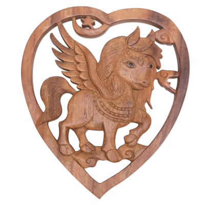 Wood relief panel, 'Forest Pegasus' - Hand-Carved Pegasus Suar Wood Relief Panel from Bali