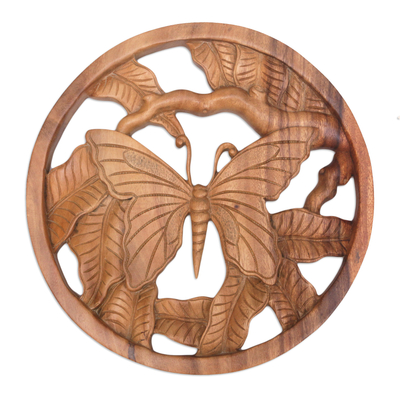 Wood relief panel, 'Butterfly World' - Hand-Carved Wood Relief Panel with Leaves and Butterfly