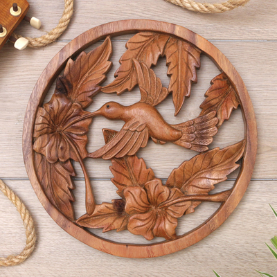 Wood relief panel, 'Floral Hummingbird' - Balinese Hand-Carved Hummingbird Suar Wood Relief Panel