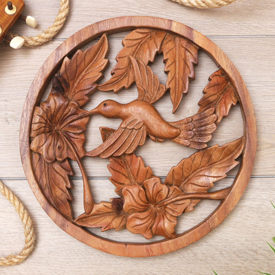 Wood relief panel, 'Floral Hummingbird' - Balinese Hand-Carved Hummingbird Suar Wood Relief Panel