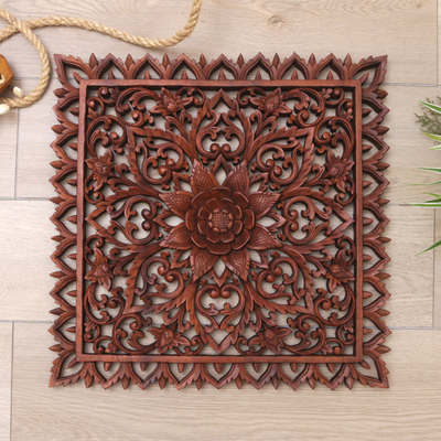 Wood relief panel, 'Come Into Blossom' - Hand Carved Wood Relief Panel with Floral Motif from Bali