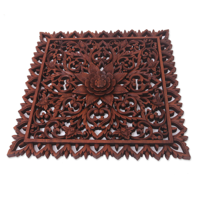 Wood relief panel, 'Come Into Blossom' - Hand Carved Wood Relief Panel with Floral Motif from Bali