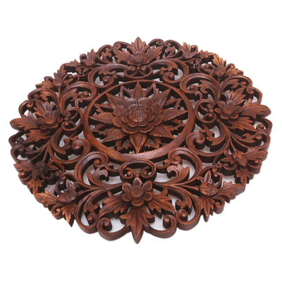 Wood relief panel, 'Immense Garden' - Ornate Handmade Suar Wood Wall Relief Panel from Bali