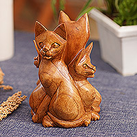 Wood statuette, 'Cat Guard' - Hand Carved Suar Wood Cat Statuette from Bali