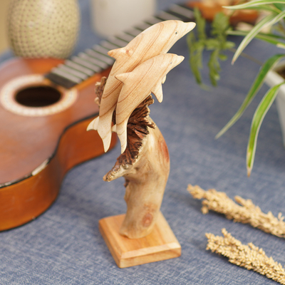 Wood sculpture, 'Mother Dolphin' - Carved Jempinis Wood Dolphin Sculpture with Natural Base