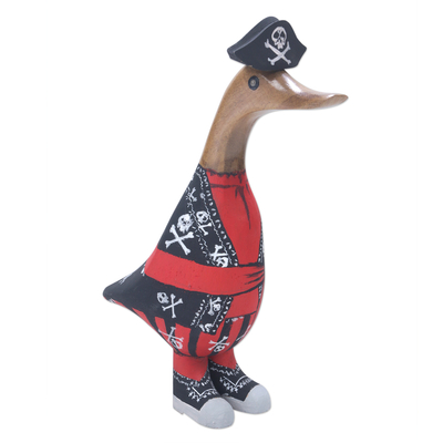 Wood sculpture, 'Pirate Duck' - Bamboo and Teak Wood Duck Sculpture in Pirate Garments