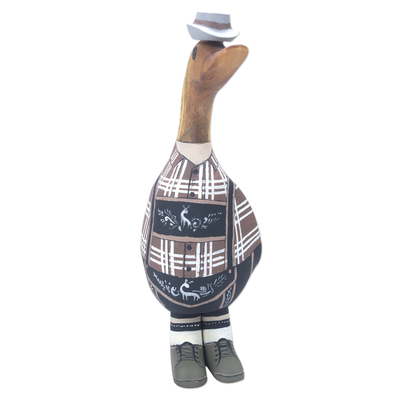 Wood sculpture, 'Mister Duck in Germany' - Bamboo and Teak Wood Duck Sculpture in German Garments