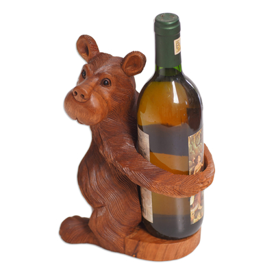Wood wine bottle holder, 'Bear Hug' - Bear Wine Bottle Holder Hand-Carved from Wood in Bali