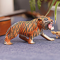 Wood figurine, 'Ferocious Tiger' - Tiger Wood Figurine Hand-carved & Hand-painted in Indonesia