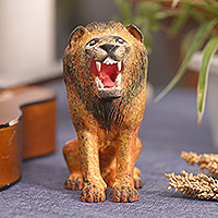 Wood figurine, 'Roaring Lion' - Lion Wood Figurine Hand-carved & Hand-painted in Indonesia