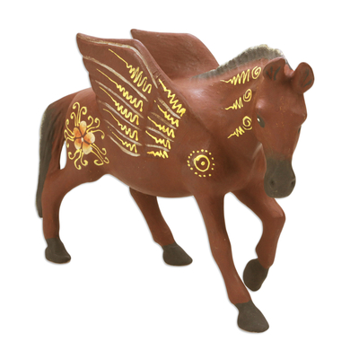 Wood figurine, 'Mythological Pegasus' - Indonesian Hand-carved & Hand-painted Pegasus Wood Figurine