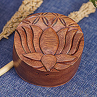 Wood puzzle box, 'Protection Lotus' - Suar Wood Puzzle Box with Lotus Flower