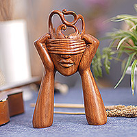 Wood statuette, 'Surprising You' - Artisan Crafted Suar Wood Statuette from Bali