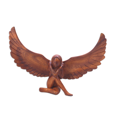 Wood statuette, 'Resting Angel' - Hand Carved Suar Wood Angel Statuette from Bali