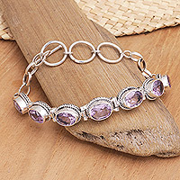 Amethyst link bracelet, 'Purple Temptation' - Balinese Traditional Silver and Amethyst Link Bracelet