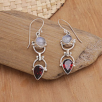 Garnet and rainbow moonstone dangle earrings, 'Dear Younger Sister'